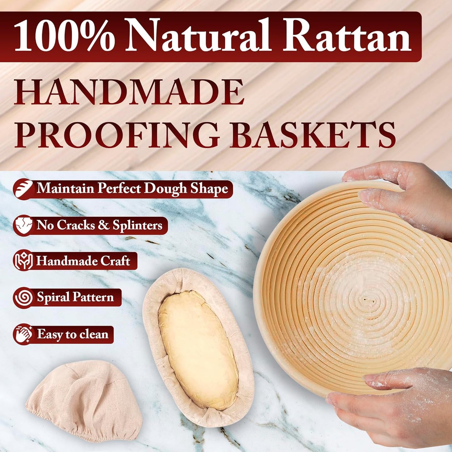 Banneton Bread Proofing Basket Set of 2-9" Round & 10" Oval - Rattan Sourdough Proofing Baskets and Sourdough Bread Baking Supplies for home bakers.