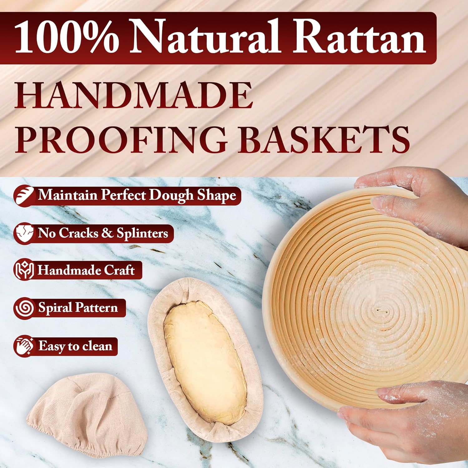 Banneton Bread Proofing Basket Set of 2-9" Round & 10" Oval - Rattan Sourdough Proofing Baskets and Sourdough Bread Baking Supplies for home bakers.