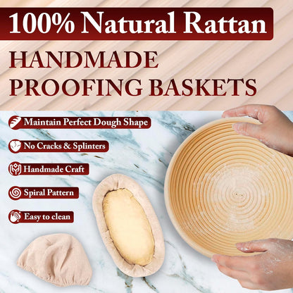 Banneton Bread Proofing Basket Set of 2-9" Round & 10" Oval - Rattan Sourdough Proofing Baskets and Sourdough Bread Baking Supplies for home bakers.