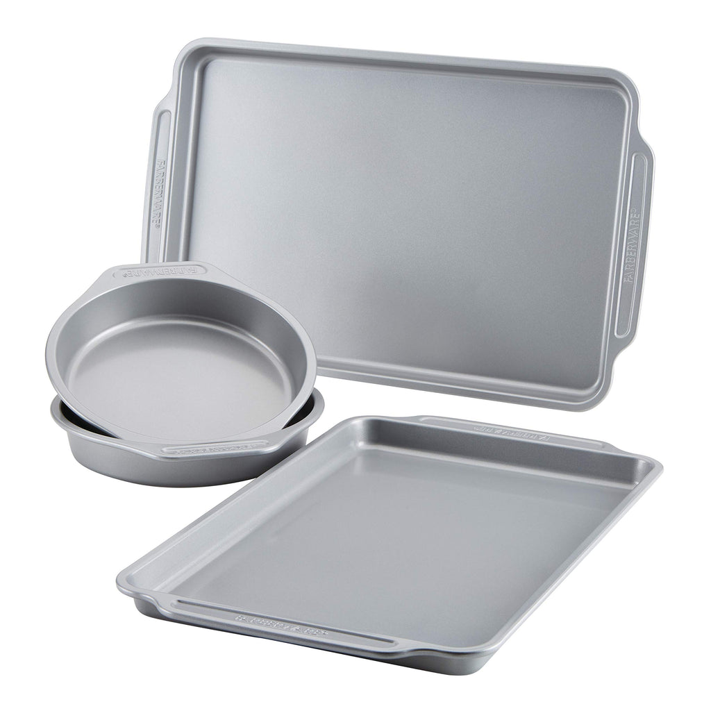 Farberware Nonstick Steel Bakeware Set with Cooling Rack, Baking Pan and Cookie Sheet Set with Nonstick Bread Pan and Cooling Grid, 10-Piece Set, Gray