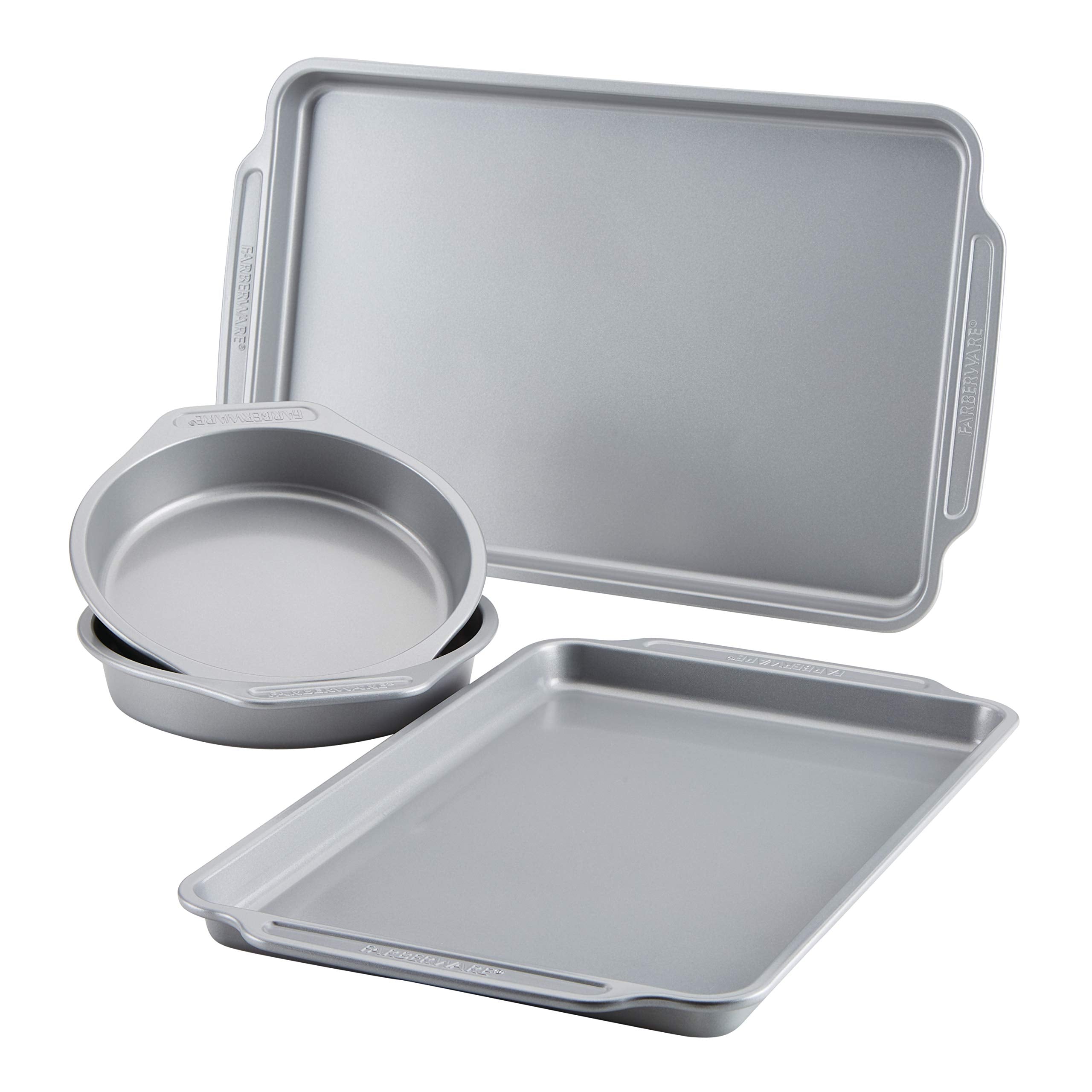 Farberware Nonstick Steel Bakeware Set with Cooling Rack, Baking Pan and Cookie Sheet Set with Nonstick Bread Pan and Cooling Grid, 10-Piece Set, Gray