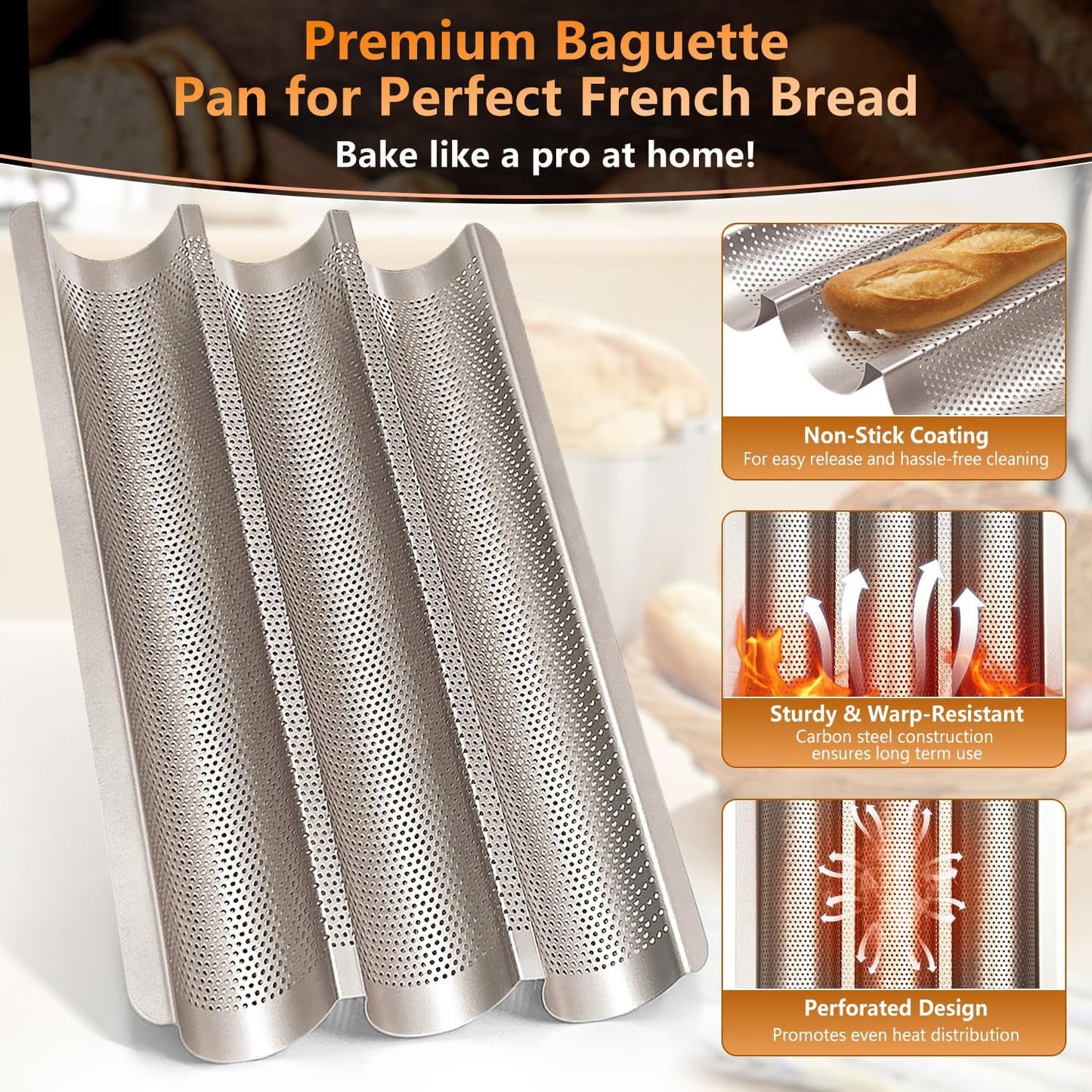 Baguette Pans 15" x 11", 3 Loaf Nonstick Baguette Baking Tray for French & Italian Bread with Proofing Cloth, Scoring Tool & 50pcs Parchment Paper, Home Bread Baking Supplies Kit