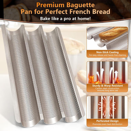 Baguette Pans 15" x 11", 3 Loaf Nonstick Baguette Baking Tray for French & Italian Bread with Proofing Cloth, Scoring Tool & 50pcs Parchment Paper, Home Bread Baking Supplies Kit