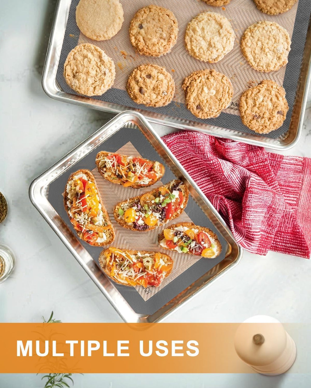 Sopito 5PCS Non Stick Platinum Silicone Baking Mat for Half Sheet & Quarter Baking Sheet and 9'' Pizza Pan, Reusable & Food Safe Heat Proof Up to 480℉ Cooking Mat, Grey
