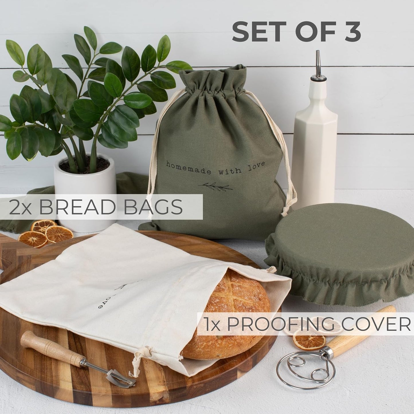 Beautiful Linen Bread Bag Set and Proofing Cover For Homemade Sourdough Bread - Keeps Your Loaf Fresh for Days - Reusable and Easy to Clean Storage Bag, The Perfect Baking Accessories