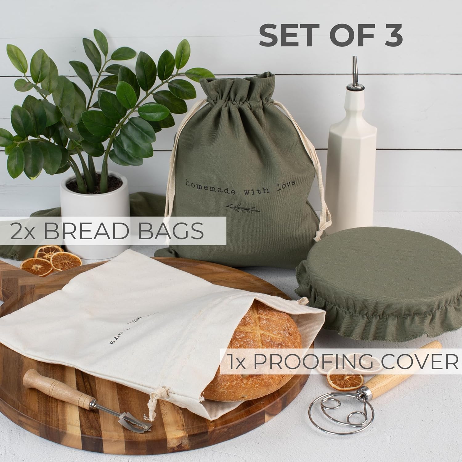 Beautiful Linen Bread Bag Set and Proofing Cover For Homemade Sourdough Bread - Keeps Your Loaf Fresh for Days - Reusable and Easy to Clean Storage Bag, The Perfect Baking Accessories