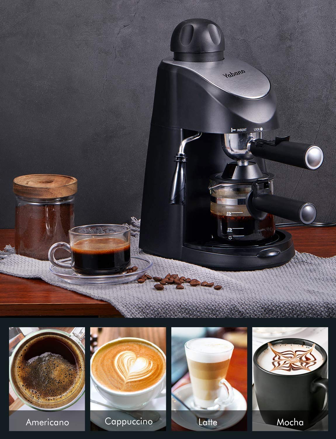 Ekspres do kawy Yabano, ekspres do kawy espresso o mocy 3,5 bara, ekspres do kawy espresso i cappuccino ze spieniaczem do mleka, ekspres do kawy espresso ze spieniaczem