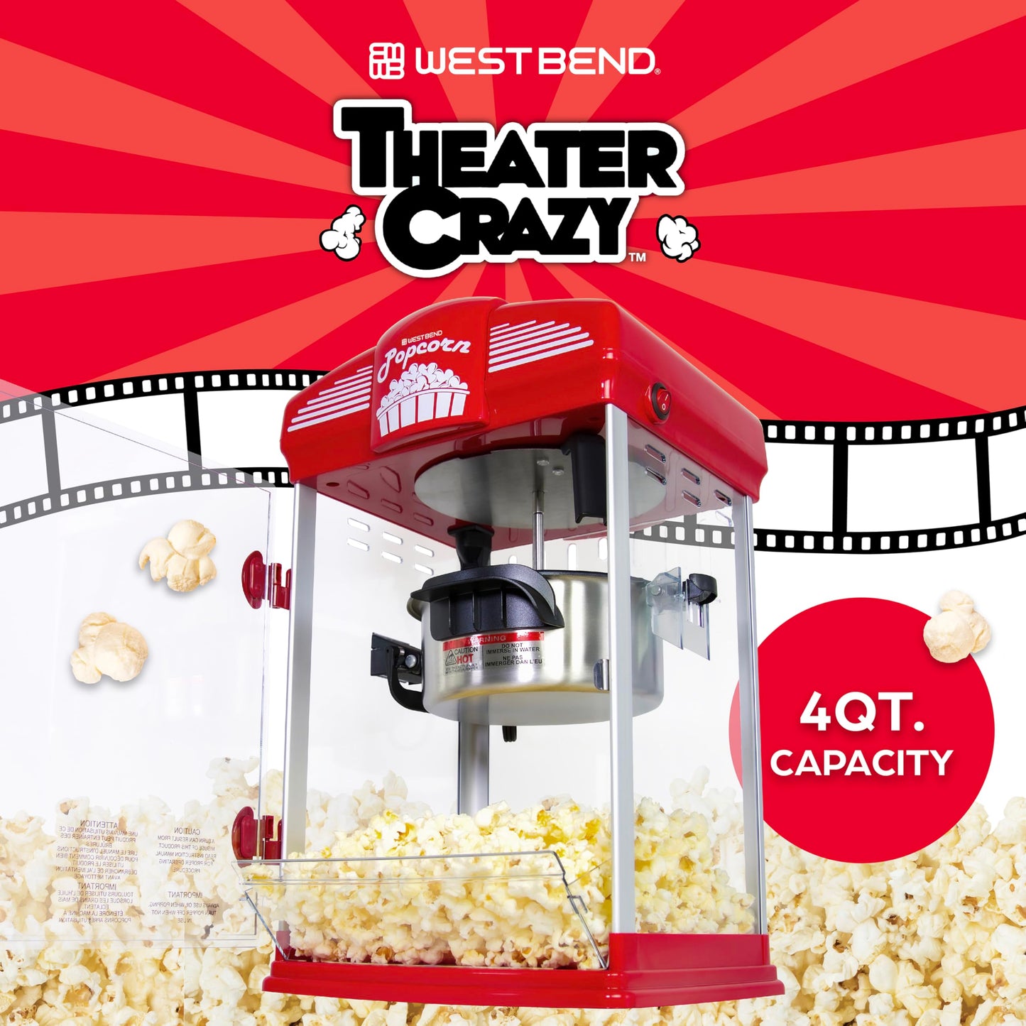 West Bend Stir Crazy Movie Theater Popcorn Popper with Nonstick Popcorn Kettle, Measuring Tool and Popcorn Scoop for Gourmet Popcorn Machine , 4 Qt., Red