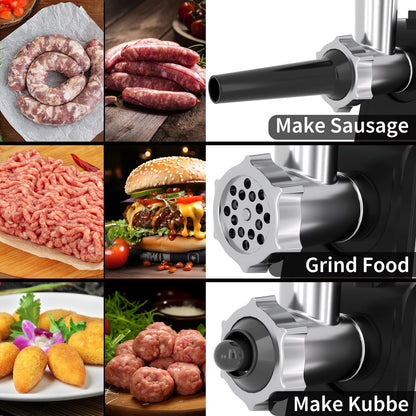 EBEAKA Electric Meat Grinder & Sausage Stuffer Maker, Heavy Duty Meat Mincer with Stainless Steel Blades & 3 Grinding Plates, Food Grinder with Kubbe Kit & Sausage Stuffer Tubes for Home Kitchen Use