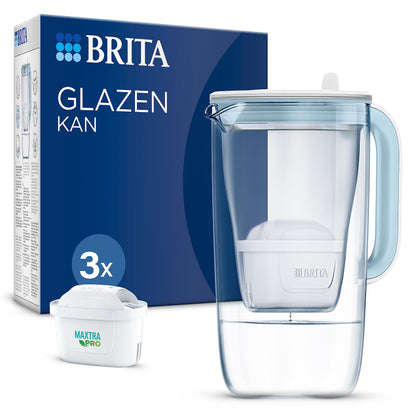 BRITA Glass Water Filter Jug Light Blue (2.5L) Starter Pack inc. 3X MAXTRA PRO All-in-1 Cartridge - Premium Glass jug with Easy-Filling Flip-Lid and Indicator - in Sustainable Smart Box Packaging