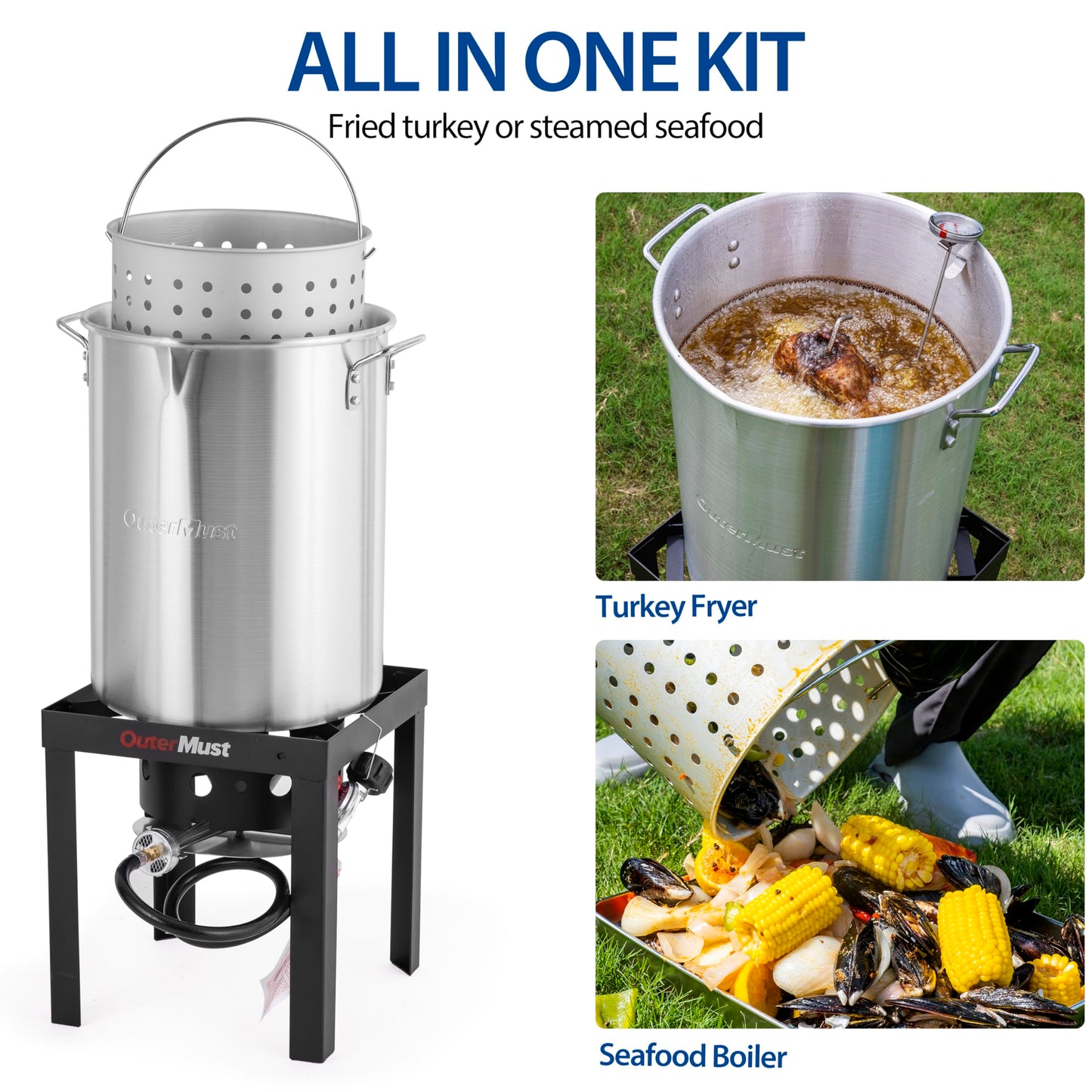 OuterMust 30 QT. Turkey Fryer Set 50,000 BTU Carb Boil Pot with Basket and Burner Set, Ideal for Cooking Turkey, Crawfish, Crab