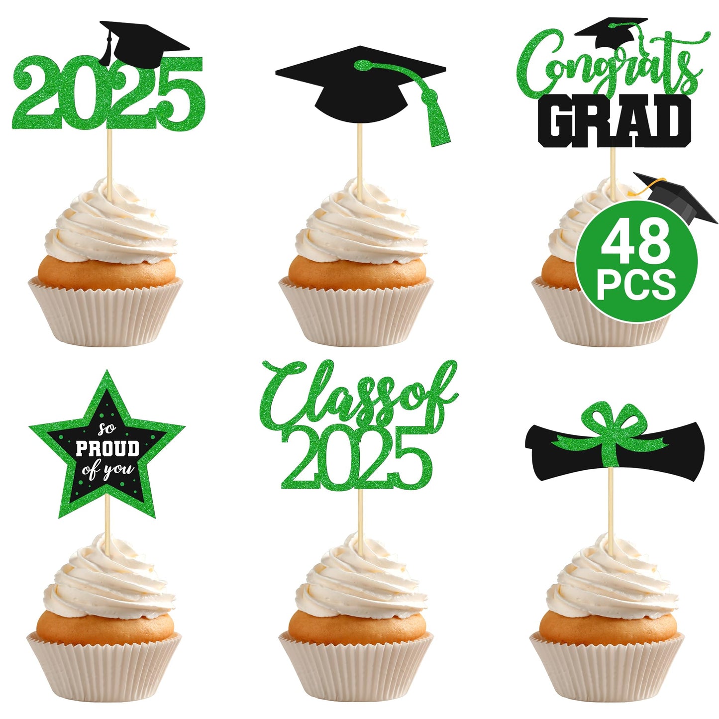 48 PCS Graduation Cupcake Toppers 2025, 6 Style Black and Gold Graduation Cake Toppers, Glitter Design Class of 2025 Toppers Grad Cupcake Picks, Disposable 2025 Graduation Decorations