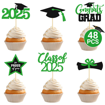 48 PCS Graduation Cupcake Toppers 2025, 6 Style Black and Gold Graduation Cake Toppers, Glitter Design Class of 2025 Toppers Grad Cupcake Picks, Disposable 2025 Graduation Decorations