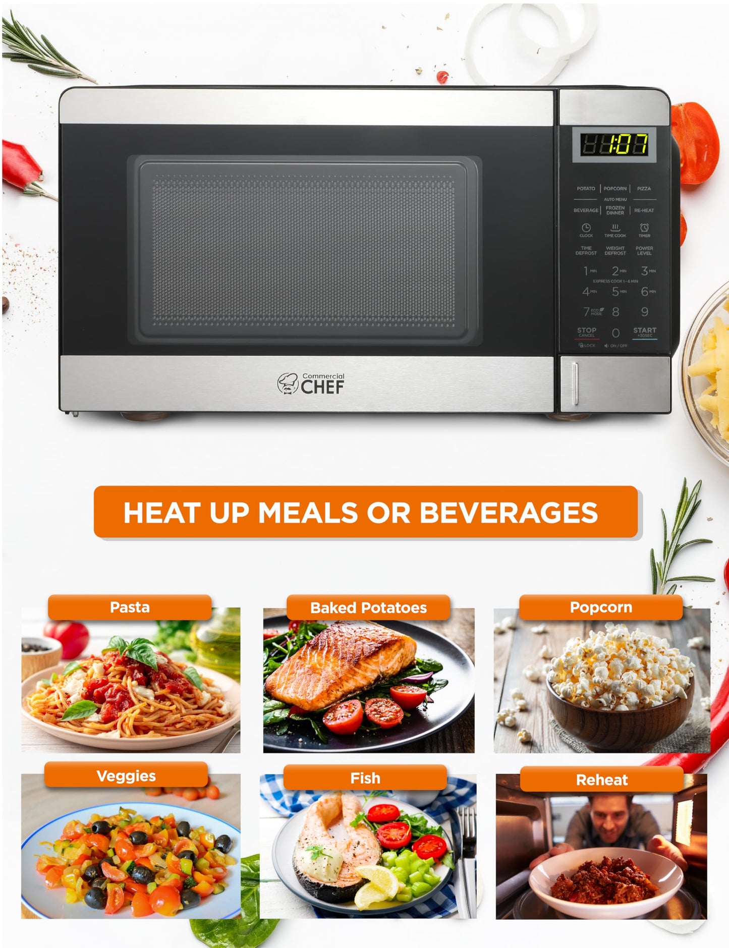 COMMERCIAL CHEF 0.7 Cubic Foot Microwave with 10 Power Levels, Small Microwave with Push Button, 700W Countertop Microwave up to 99 Minute Timer and Digital Display, Stainless Steel