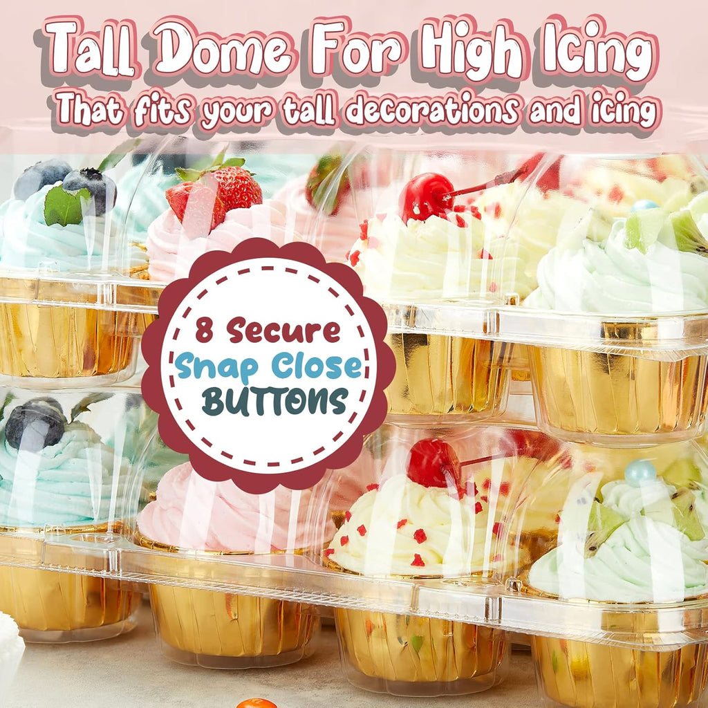 (12 Pack x 20 Sets) Stackable Cupcake Carrier with 240 Pack Liners, Plastic Cupcake Boxes Holders for 12 Cupcakes, High Tall Dome Lid Cupcake Containers, Clear Disposable Cupcake Trays