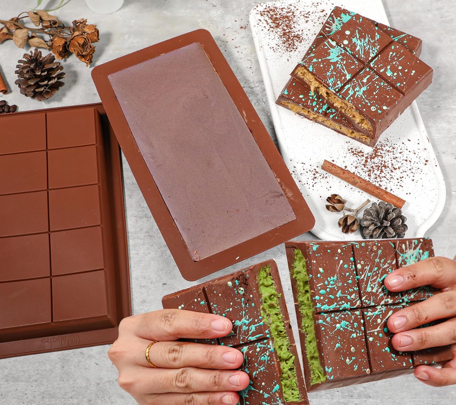 Webake Deep Chocolate Bar Molds 2 Pack, 1 Inch Deep Large and Thick Silicone Chocolate Bar Molds for Stuffed Bar, Big Chocolate Candy Bar Mold for Filling Knafeh Pistachio Chocolate Bar