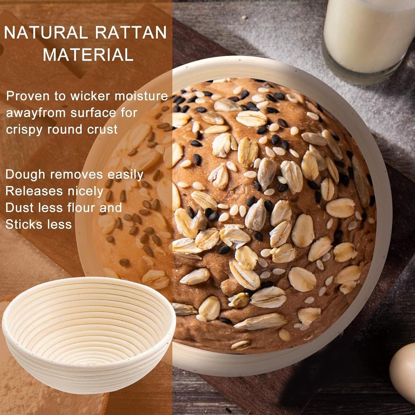 Banneton Bread Proofing Basket Banneton Basket Set Sourdough Proofing Basket Round Proofing Bowls Handmade Rattan Baskets and Liners (Round 9 inch set of 2)