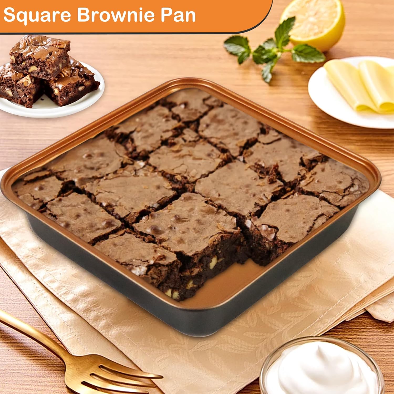 Baking Pans Set 6-Pieces, Non Stick Bakeware Set Stackable, with Cookie Sheet, Muffin, Round/Square Cake Pan, Loaf Pan, Rack, Oven Mitt for Home Baker, Gold