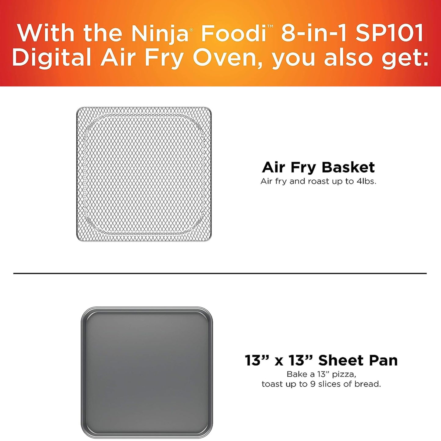 Ninja SP101 Digital Air Fry Countertop Oven with 8-in-1 Functionality, Flip Up & Away Capability for Storage Space, with Air Fry Basket, Wire Rack & Crumb Tray, Silver