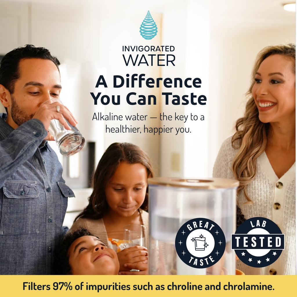 Invigorated Water pH Recharge Alkaline Water Filter Dispenser – BPA-Free Glass Countertop Water Filter Pitcher Purifier for Home & Office, 36-Cup Capacity, 360L Long Filter Life (Bamboo Classic)