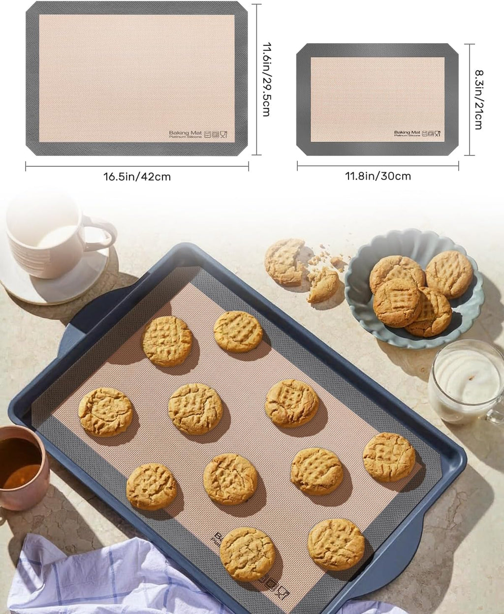 Sopito 5PCS Non Stick Platinum Silicone Baking Mat for Half Sheet & Quarter Baking Sheet and 9'' Pizza Pan, Reusable & Food Safe Heat Proof Up to 480℉ Cooking Mat, Grey