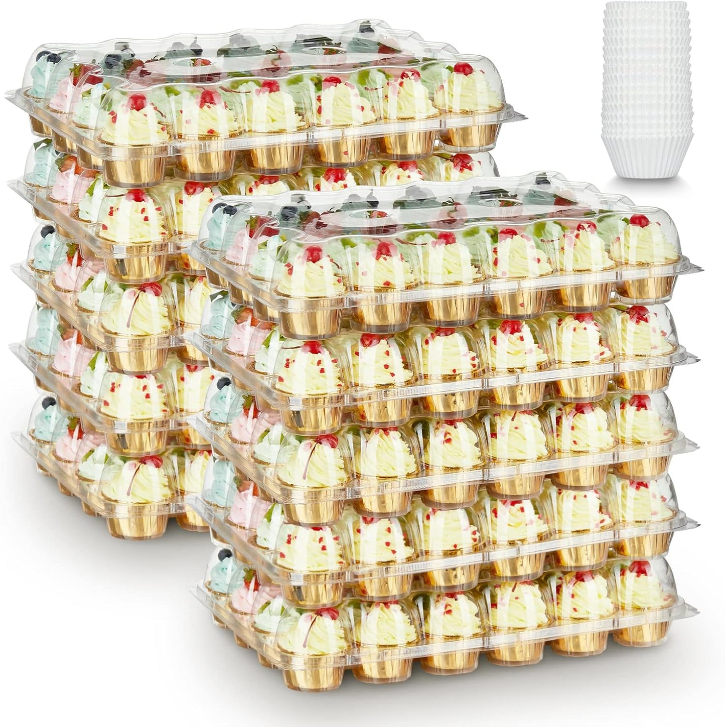 (24 Pack x 10 Sets) Stackable Cupcake Carrier Holders with 240 Pack Cupcake Liners, Plastic Cupcake Boxes Holders for 24 Cupcakes, High Tall Dome Lid Cupcake Containers, Clear Cupcake Trays