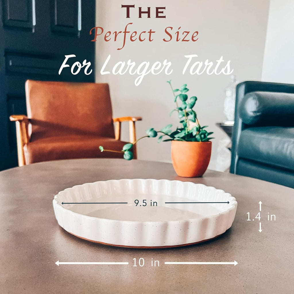 Mora Ceramic Tart Pan, 9.5 Inch Large Porcelain Baking Dish for Tarts, Quiche, Pie, Flan etc. Fluted Ruffled Edge, Oven, Microwave, Freezer, and Dishwasher safe - Great Gift For Bakers - Vanilla White