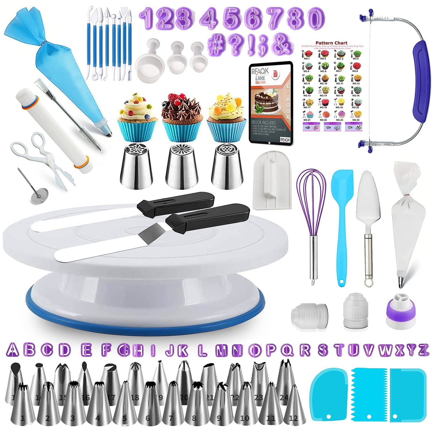RFAQK 200PCs Cake Decorating Kit for Beginners with Turntable for Decoration - Piping Bags and Tips Set (110+55), Straight & Offset Spatula, Leveler, Video Course, Pattern Chart & More Baking Supplies