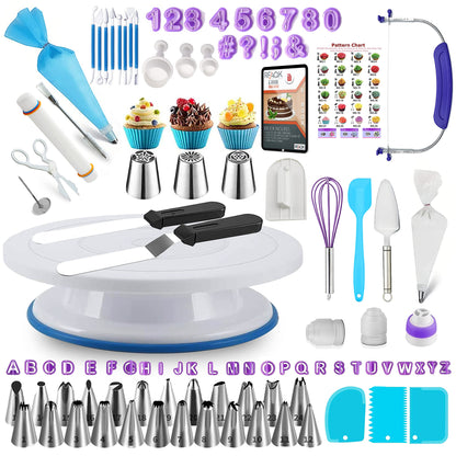 RFAQK 200PCs Cake Decorating Kit for Beginners with Turntable for Decoration - Piping Bags and Tips Set (110+55), Straight & Offset Spatula, Leveler, Video Course, Pattern Chart & More Baking Supplies