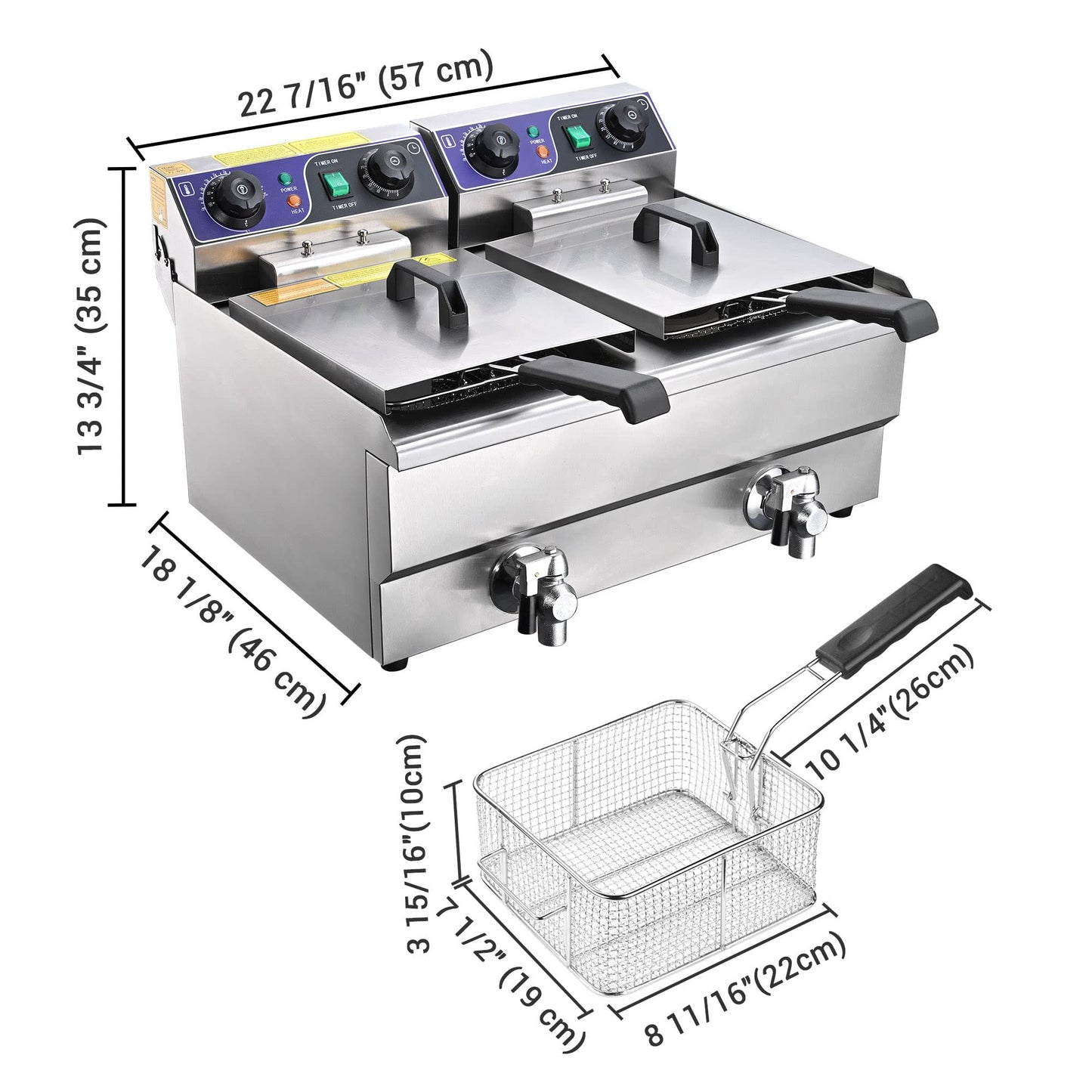 WeChef Commercial Electric Deep Fryer 23.4L 3000W Fryer w/Time Control and Oil Filtration Dual Removable Basket Stainless Steel Countertop Fryer for Commercial Restaurant Use