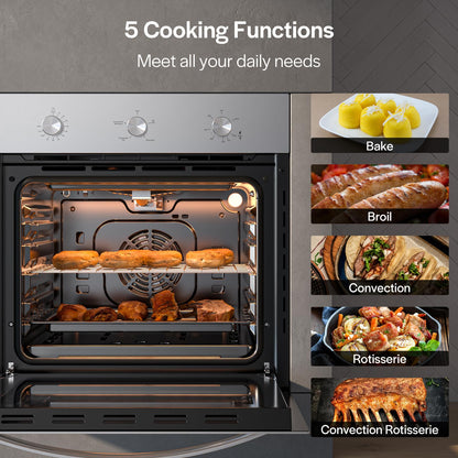 Empava 24 in. 2.3 cu. Ft. Single Gas Wall Oven Bake Broil Rotisserie Functions with Mechanical Controls-Built-in Timer-Convection Fan in Stainless Steel, Silver