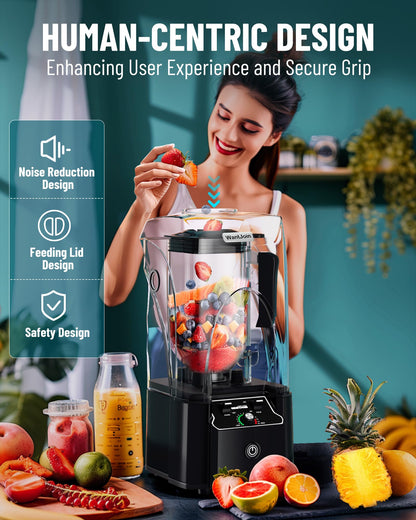 WantJoin Professional Commercial Blender With Shield Quiet Sound Enclosure 2200W Industries Strong and Quiet Professional-Grade Power, Self-Cleaning, Black