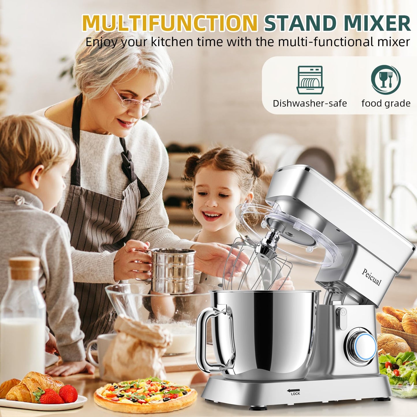 Peicual Stand Mixer, 6QT 10+P Speed Tilt-Head Kitchen Electric Mixer, Food Mixer with Stainless Steel Bowl, Dough Hook, Flat Beater, Wire Whisk, Splash Guard for Daily Use - Silver