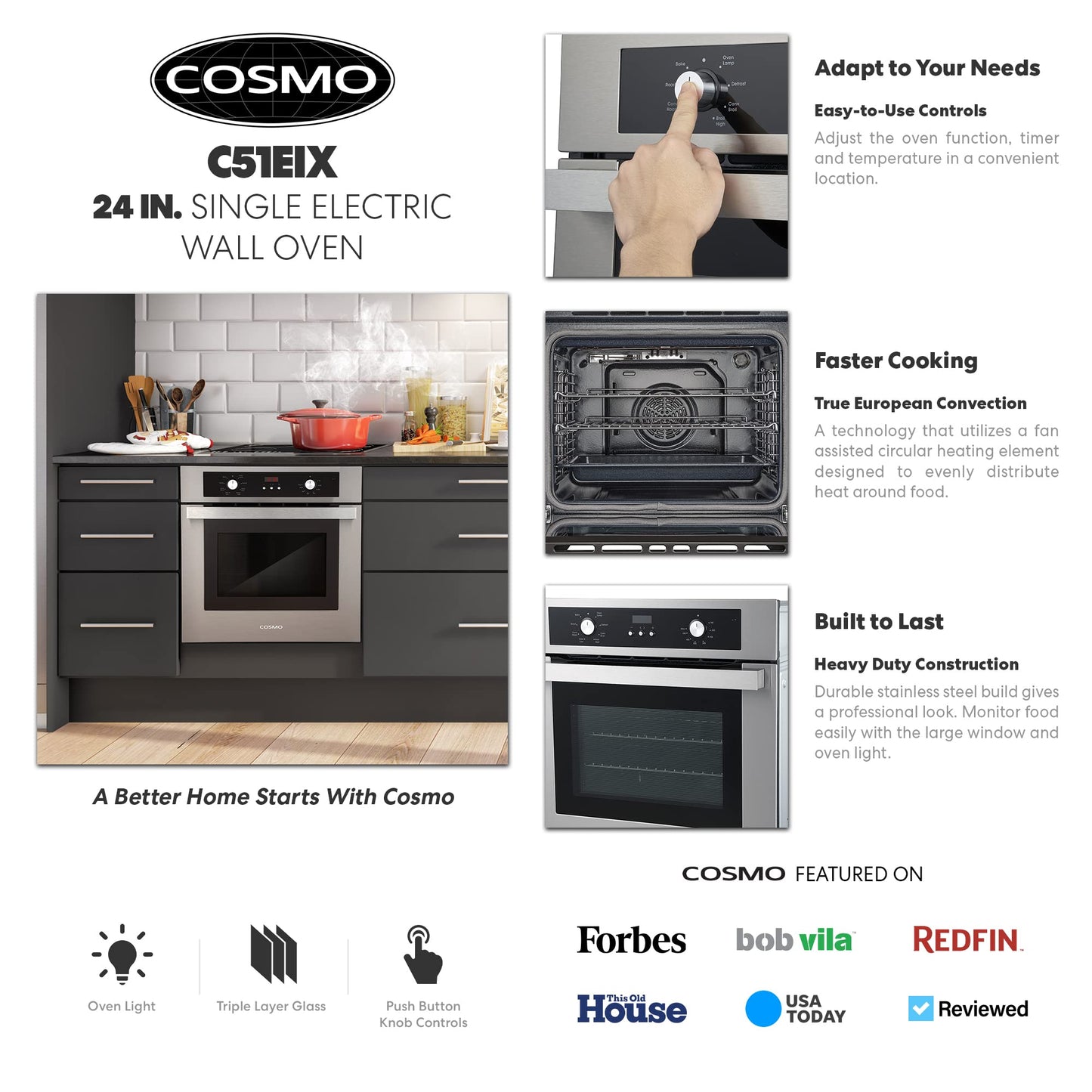 COSMO C51EIX Electric Built-In Wall Oven with 2.5 cu. ft. Capacity, Turbo True European Convection, 8 Functions, Push Button Knobs, in Stainless Steel, 24 inch