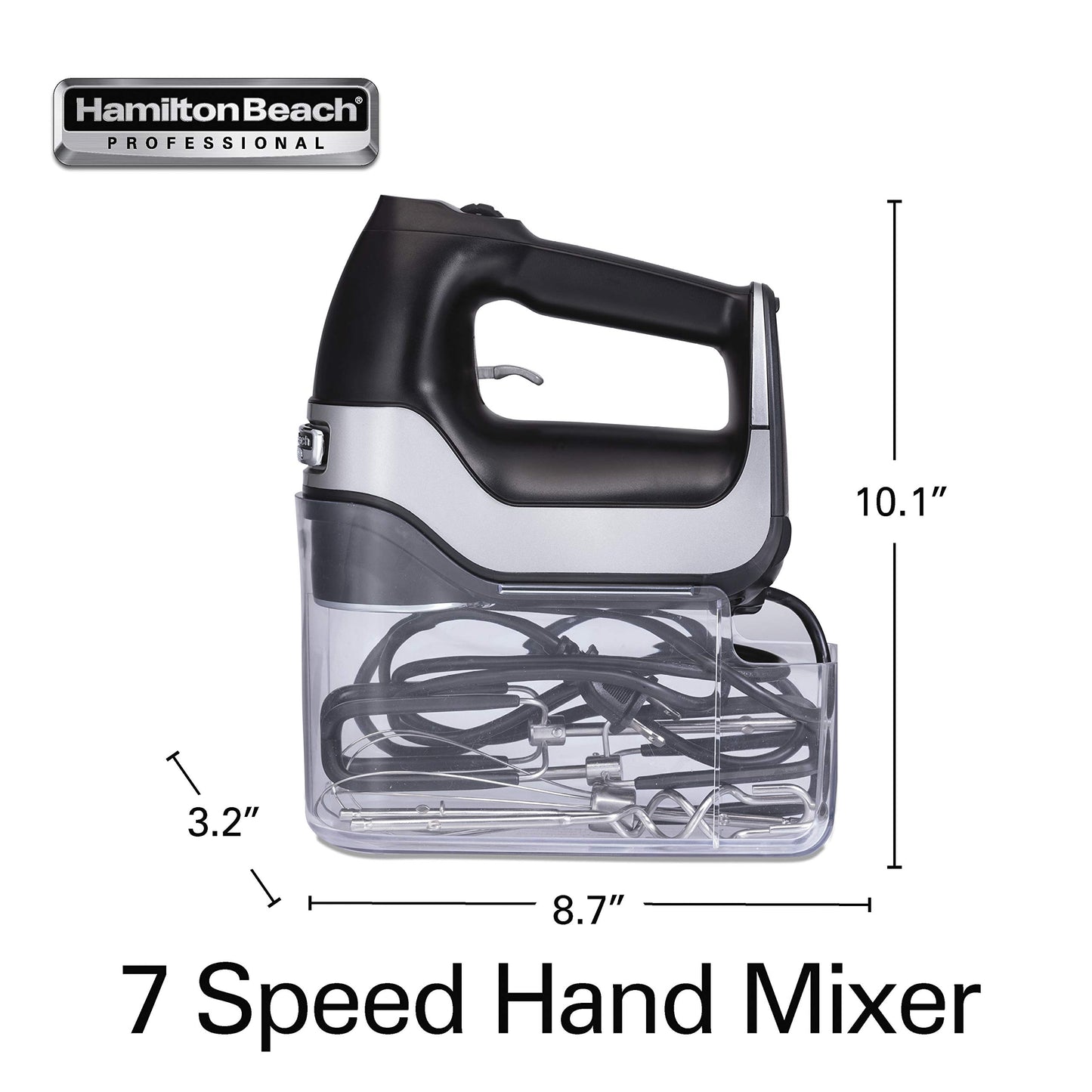 Hamilton Beach Professional 7-Speed Digital Electric Hand Mixer with High-Performance DC Motor, Slow Start, Snap-On Storage Case, SoftScrape Beaters, Whisk, Dough Hooks, Matte Black (62655)