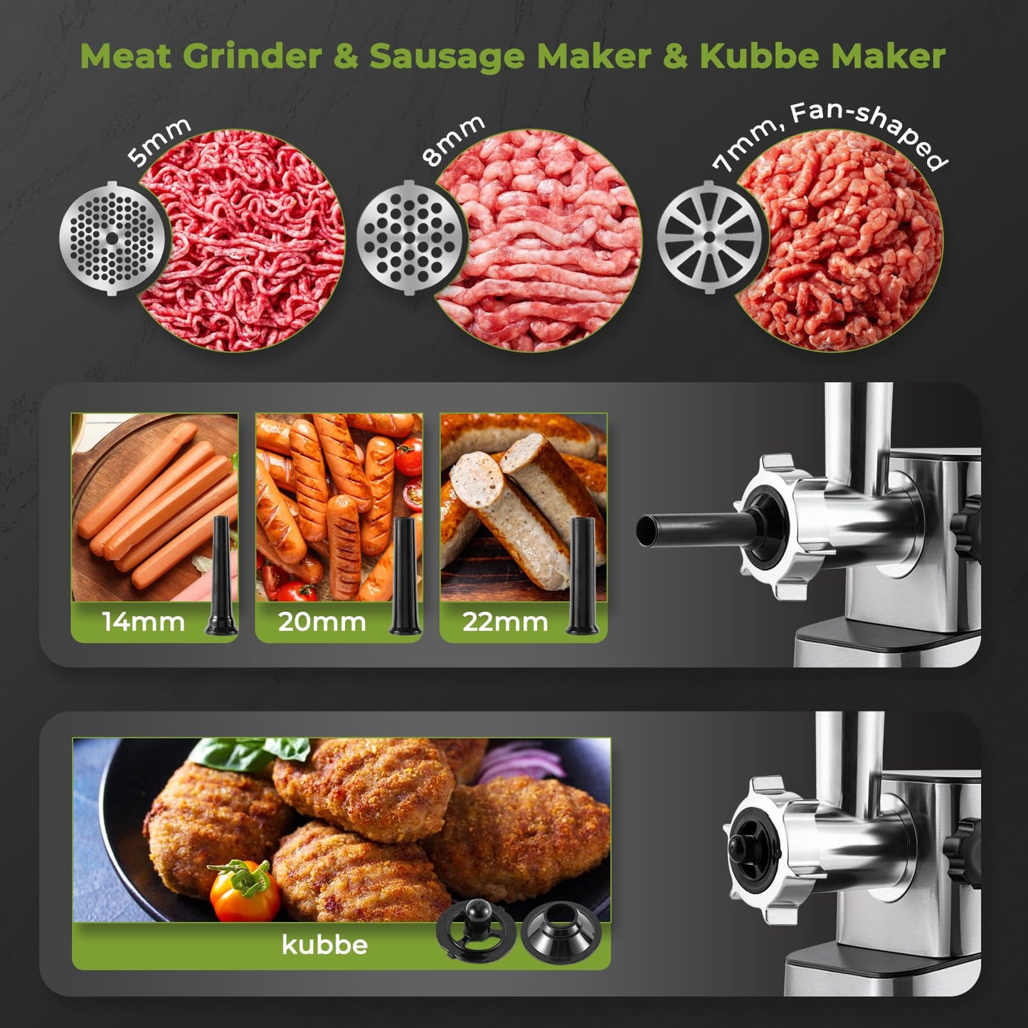 Flyseago Meat Grinder Electric 3200w High Capacity Commercial Heavy Duty Meat Grinder and Sausage Stuffers, Kubbe Kit for Household Use & Commercial