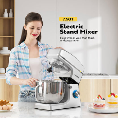 VIVOHOME 7.5 Quart Stand Mixer, 660W 6-Speed Tilt-Head Kitchen Electric Food Mixer with Beater, Dough Hook, Wire Whip, and Egg Separator, Silver