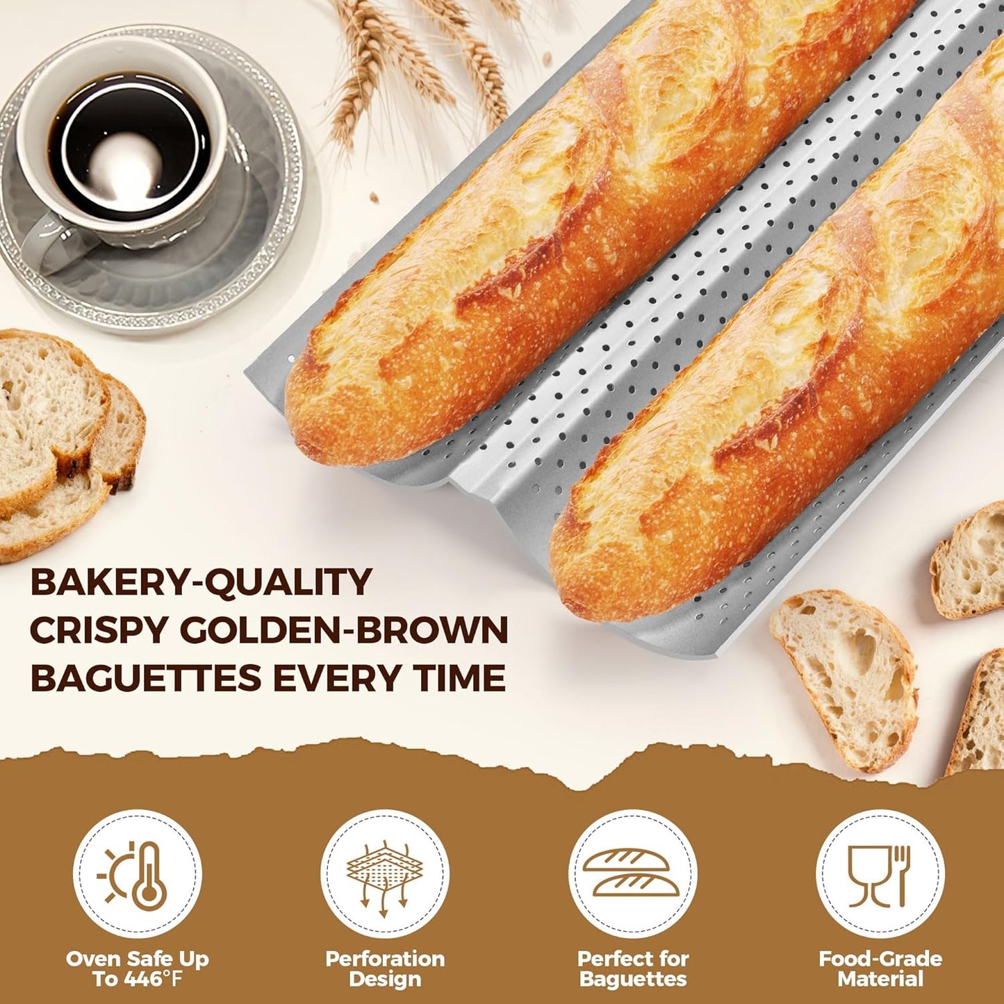 Baguette Bread Pan, Premium Nonstick Perforated French Bread Baking Pan, 2 Loaves Baguette Tray for Sourdough, Italian Bread Baking, Perfect for Creating Crisp Golden-Brown Crust