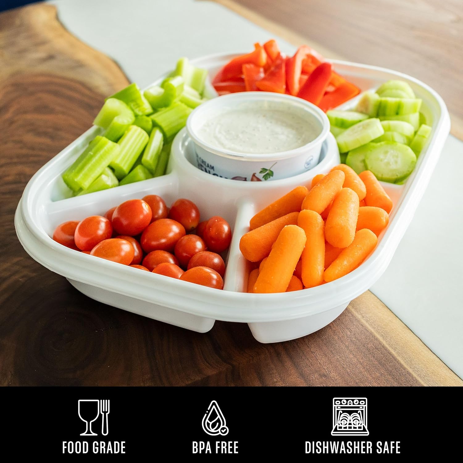 Buddeez Jumbo Divided Serving Tray with Lid - Includes 6 Bins for Party Platter, Snackle Box Container, Fruit and Veggie Tray, Chip