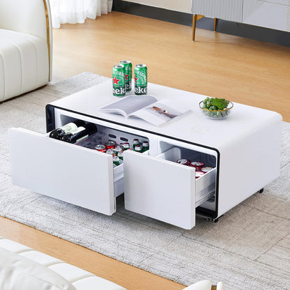 AF ARTISAN FURNITURE Smart Coffee Table with Fridge, 90L Smart Table with Built in Fridge, Wireless Charger, USB Port, for Living Room Reception Room, 41.54" D x 23.03" W x 18.1" H, White