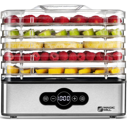 Magic Mill Food Dehydrator Machine | 5 Stackable Stainless Steel Trays Jerky Dryer with Digital Adjustable Timer & Temperature Control - Electric Food Preserver for Fruits, Veggies, Meats & Dog Treats