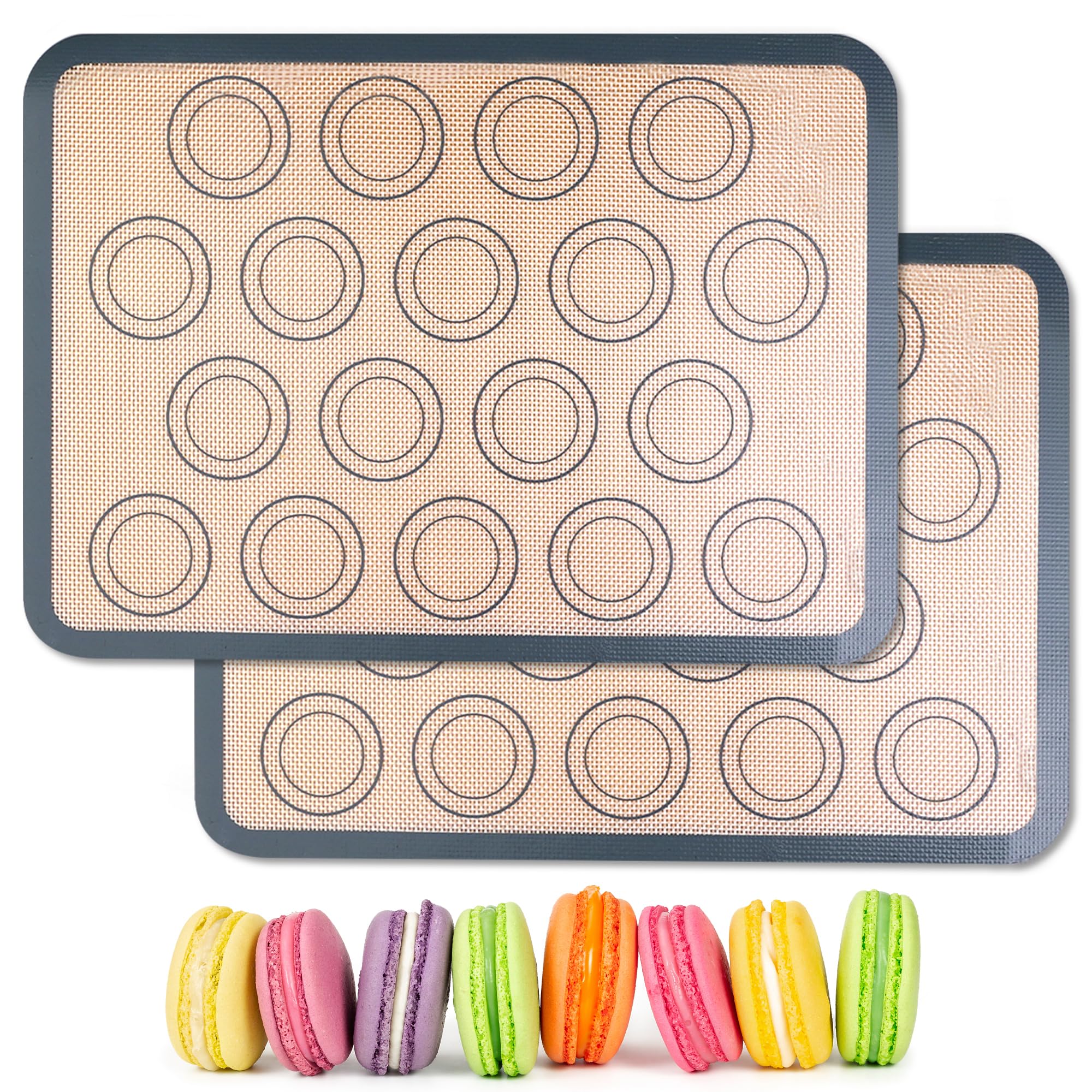 HOOMIL Macaron Silicone Baking Mats 2-Pack, 18" x 13" Commercial Half Sheet Size Macaron Silicone Mat, Non-Stick, Reusable, Food Safe Baking Mat - Brown+Gray