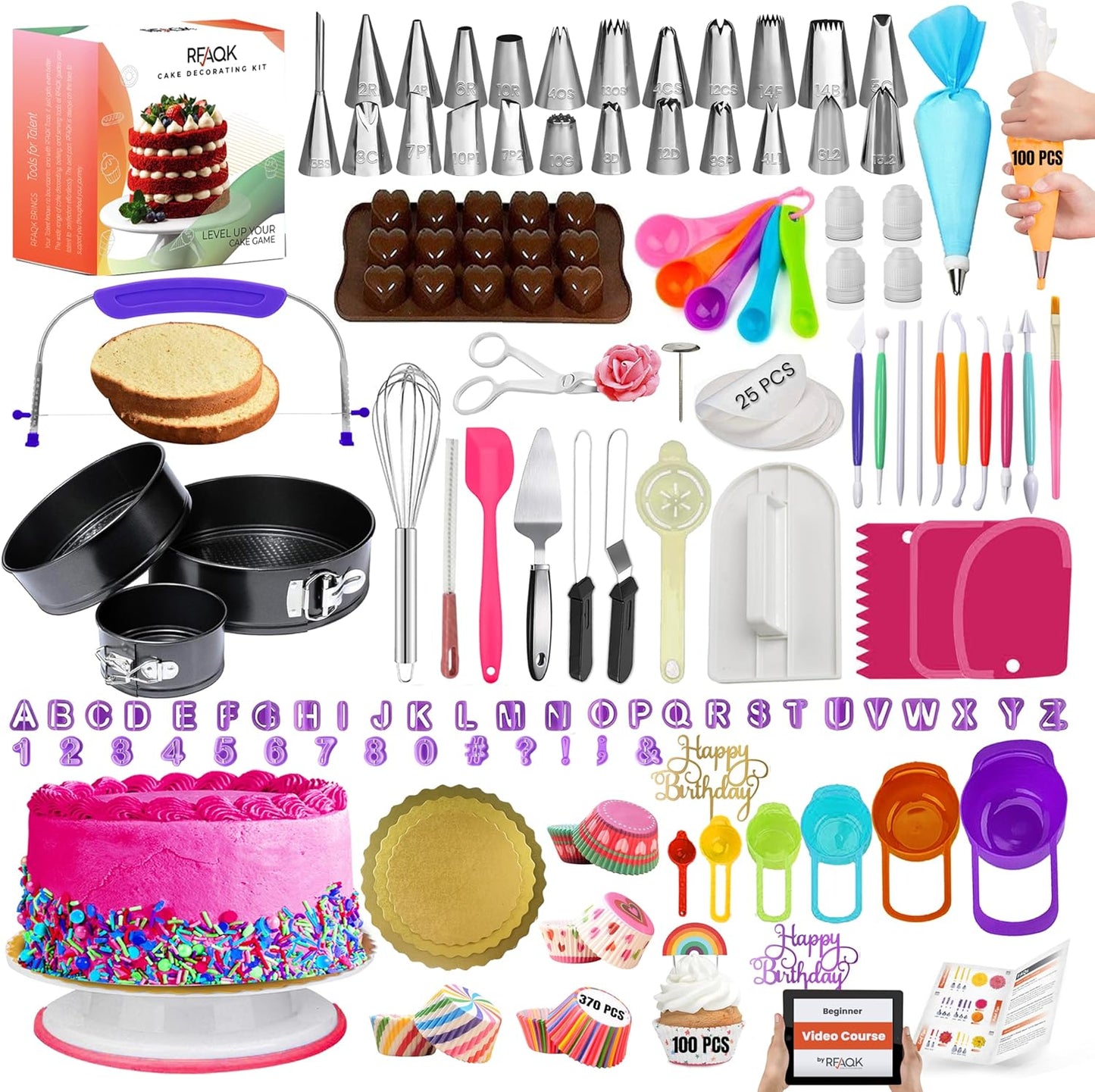 RFAQK 700PCs Cake Decorating Kit with Baking Supplies - Cake Turntable for Decorating with Baking Pans, Leveler, 24 Numbered Piping Tips, 2 Spatulas, Fondant Tools, Video Course, Pattern Chart & More