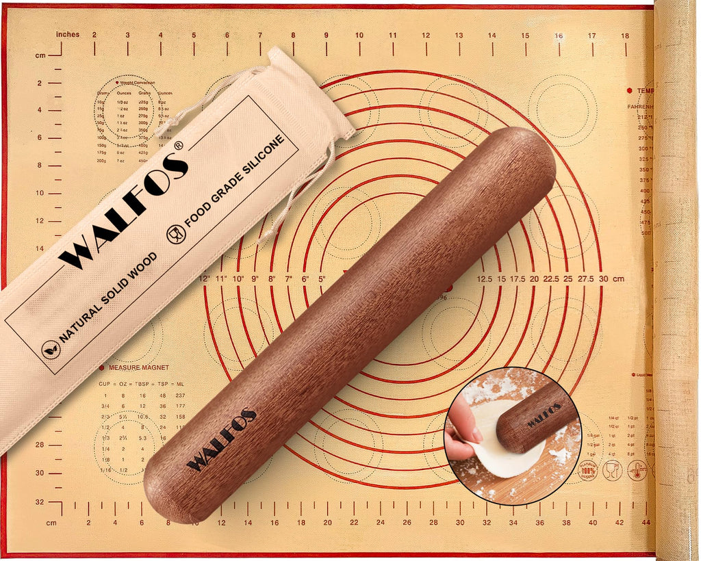 Walfos Marble Rolling Pin With Wooden Handles & Wood Cradle, 16.5 Inch Marble Rolling Pins For Making Pizza Dough And Tortillas, Dough Roller For Pie Crust, Cookie, Pasta (Gray & White)