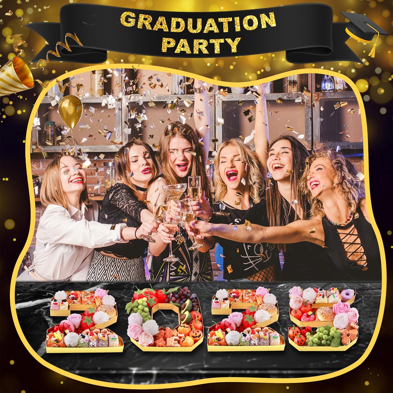 4Pcs 13.7" Graduation Decorations, 2025 Charcuterie Numbers Fillable for Graduation, Food Trays for Chocolate Cookies Goodie Cupcake Candy Tray Grad Party Board Box