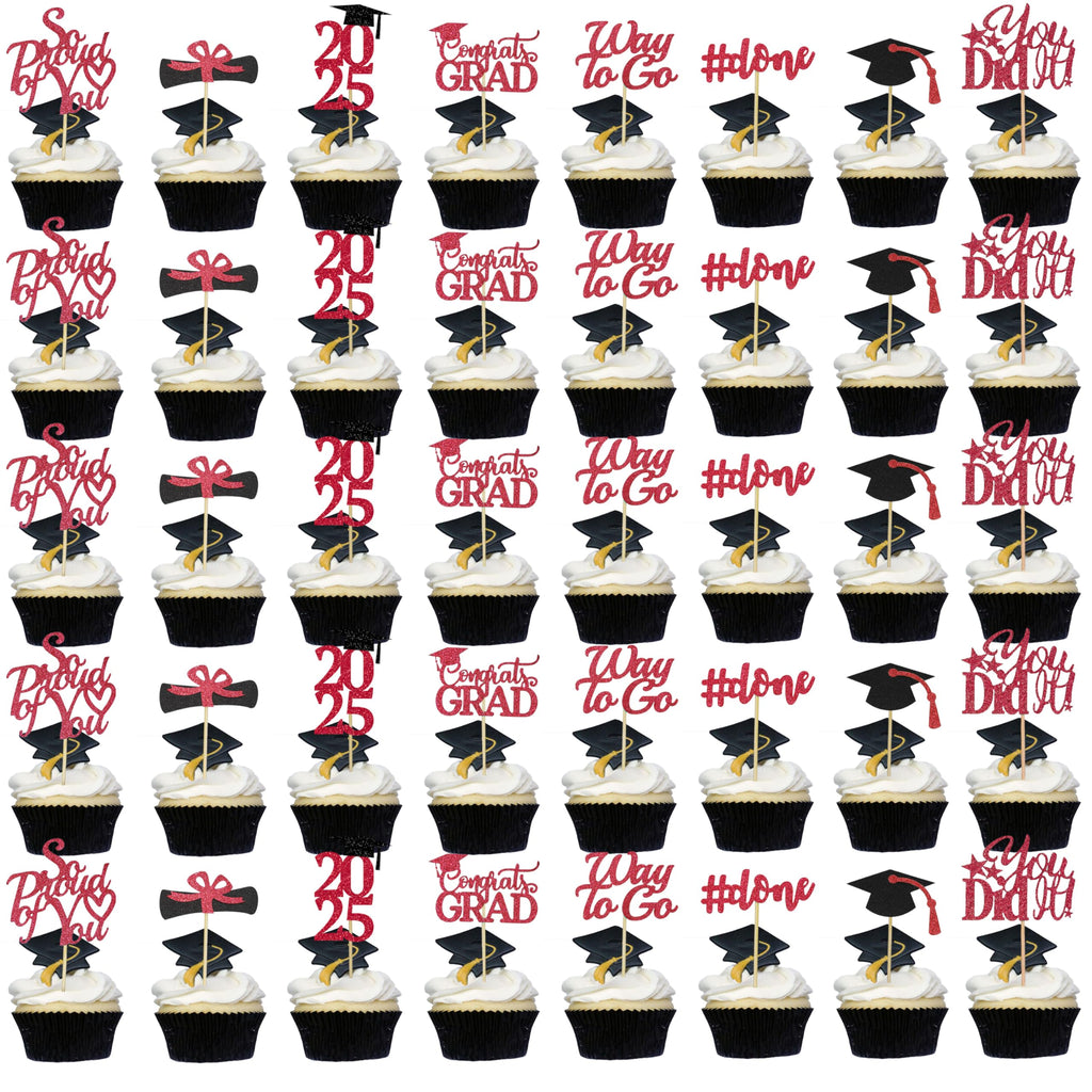 Graduation Decorations 2025 Blue, Graduation Cupcake Toppers 2025 Blue Black, Glitter Class of 2025 Cupcake Toppers Supplies, Class of 2025 Congrats Grad Cap Diploma Cupcake Picks - 40Pcs