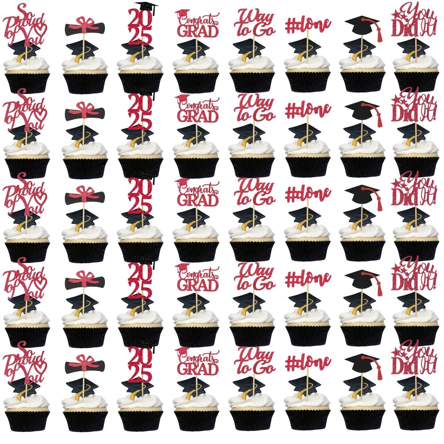 Graduation Decorations 2025 Blue, Graduation Cupcake Toppers 2025 Blue Black, Glitter Class of 2025 Cupcake Toppers Supplies, Class of 2025 Congrats Grad Cap Diploma Cupcake Picks - 40Pcs