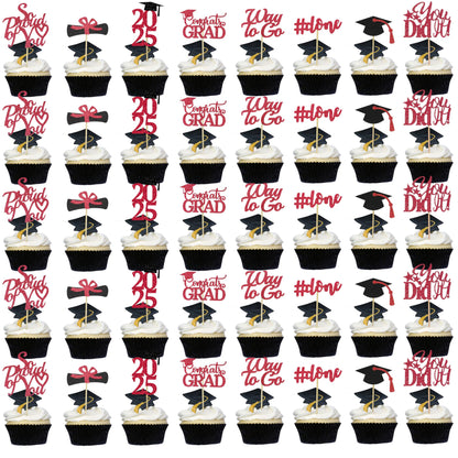Graduation Decorations 2025 Blue, Graduation Cupcake Toppers 2025 Blue Black, Glitter Class of 2025 Cupcake Toppers Supplies, Class of 2025 Congrats Grad Cap Diploma Cupcake Picks - 40Pcs