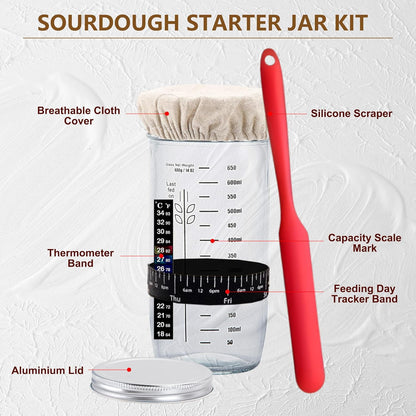 Complete Sourdough Starter Kit, Banneton Bread Proofing Basket with Glass Sourdough Starter Jar, Sourdough Bread Baking Supplies, 9'' Round Bread Proofing Basket, Sourdough Starter for Bread Making Baking Fermentation