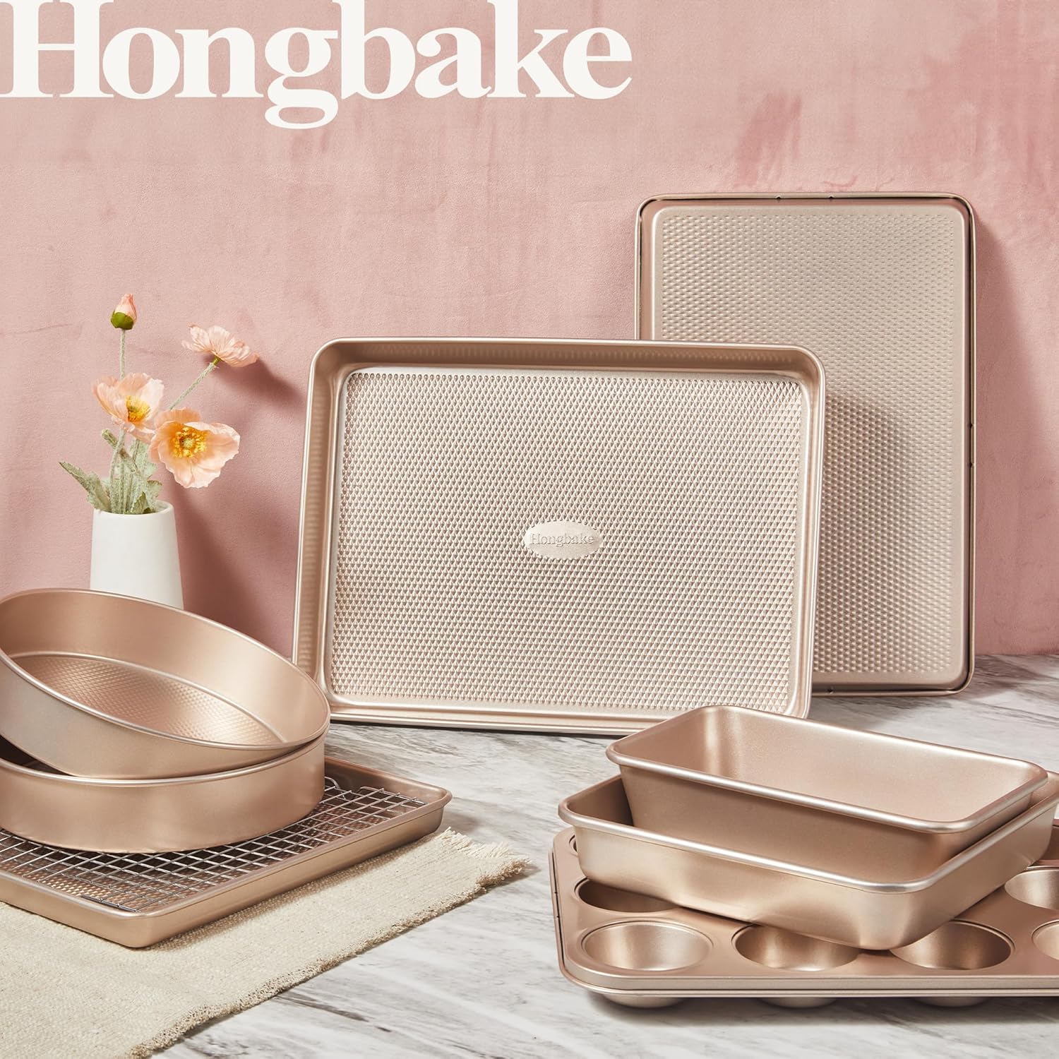 HONGBAKE 9-Piece Baking Pans Set Nonstick, Stackable Non Toxic Bakeware Sets with Diamond Texture, Oven Pan Set for Cooking, Includes Cookie Sheet with Rack, Cake Pan, Roasting Pan, Muffin Tin, Gold